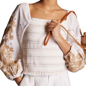 Anthropologie Smocked Embroidered
Top Ivory